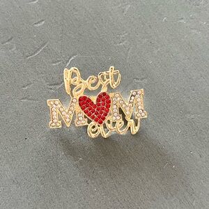 NEW Gold Best Mom Ever Allover Rhinestone Red Heart 1.5" Brooch Pin Mother's Day